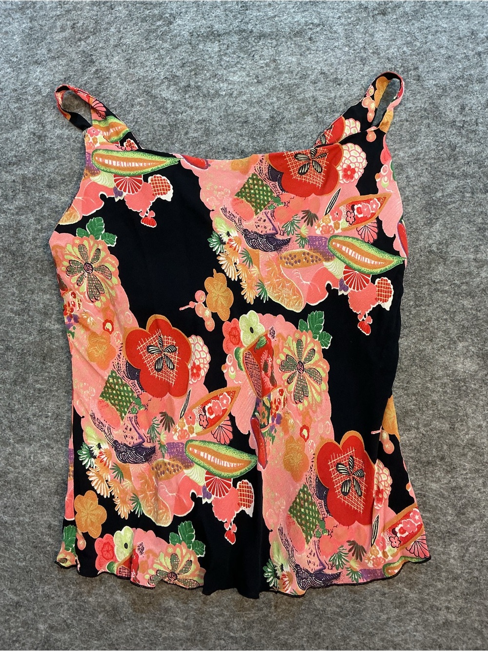 Loco Lindo Y2K Vintage Asian Drape Floral Print Black & Pink Cami Top Size L